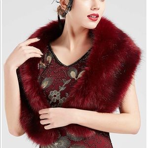 SOLD Wine Red Faux Fur Shawl/ Scarf